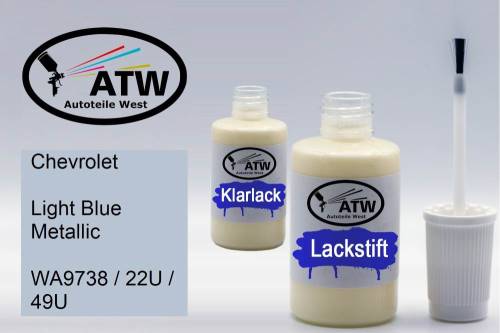 Chevrolet, Light Blue Metallic, WA9738 / 22U / 49U: 20ml Lackstift + 20ml Klarlack - Set, von ATW Autoteile West.